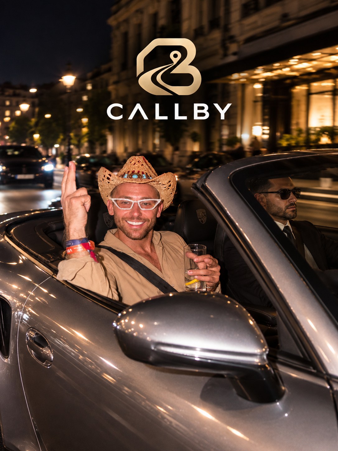 A CALLBY customer in the passenger seat of his own Porsche while a chauffeur drives him home through Mayfair at night