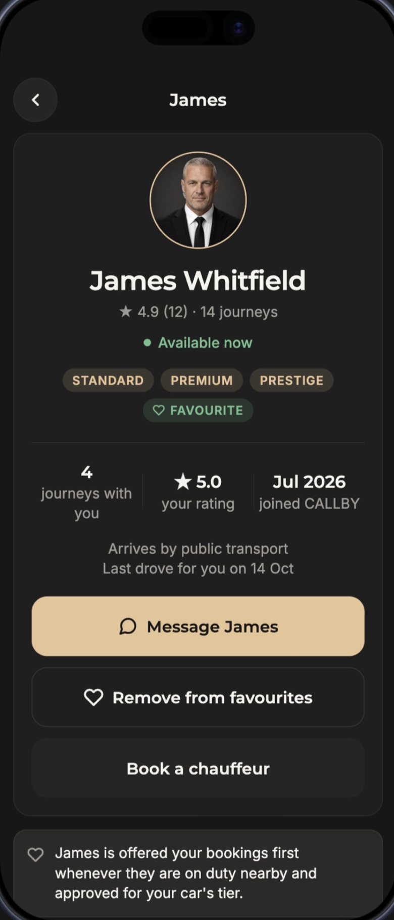 A chauffeur's profile with ratings and journeys together