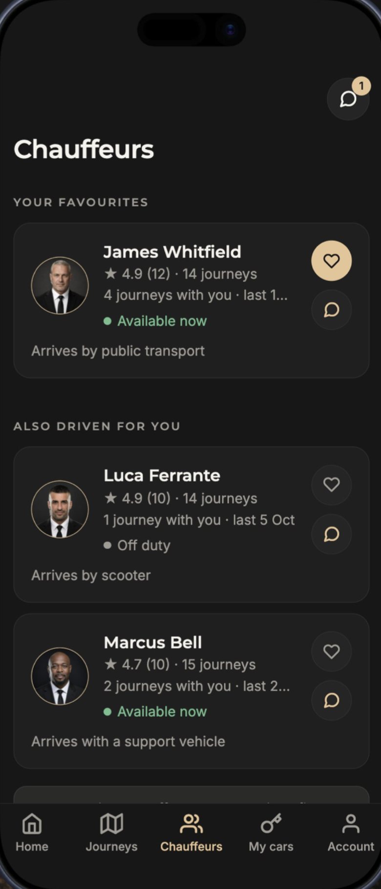Chauffeurs: ratings, favourites and messaging