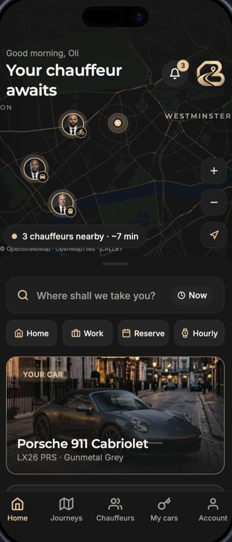 Home: your chauffeurs nearby on the map, and where shall we take you