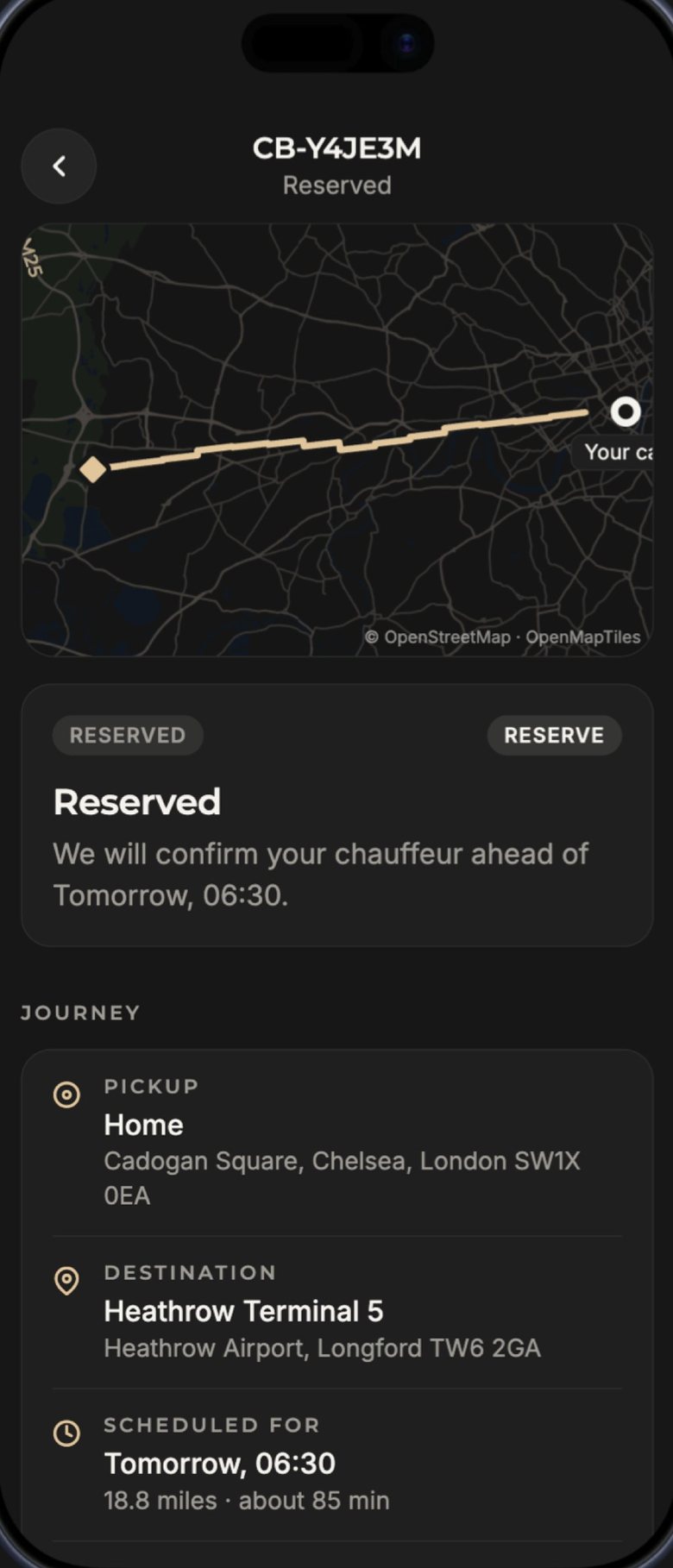 A reserved journey on the map with pickup, destination and time