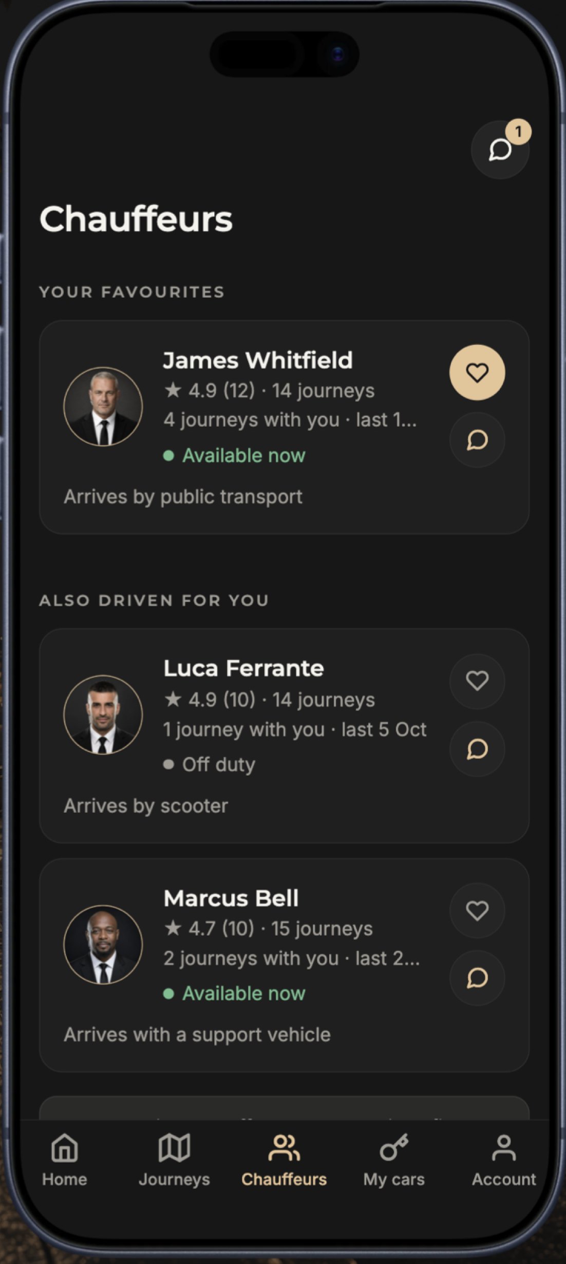 Chauffeur profiles with ratings and favourites